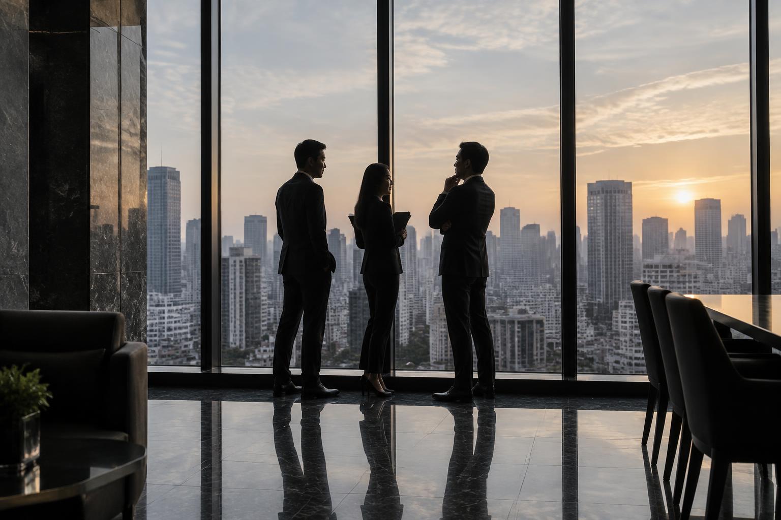 Business partners overlooking Tokyo